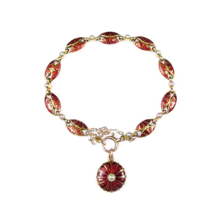 Antique gold, pearl and red enamel bracelet with pendant locket